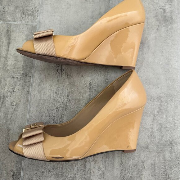 Tory Burch Trudy Peep Toe Patent Leather Wedge Size 7 - Picture 7 of 15